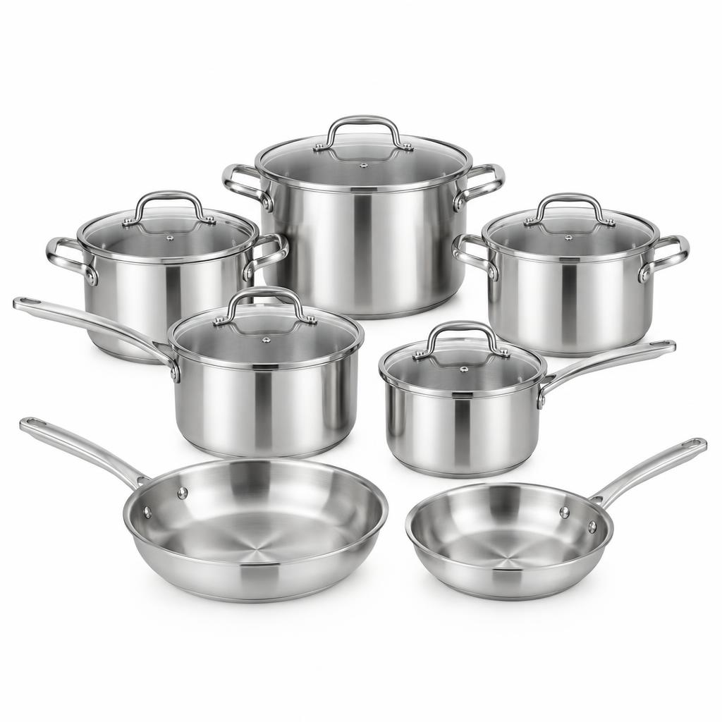 10-Piece Stainless Steel Cookware Set with Glass Lids