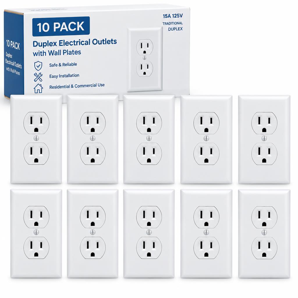 15 Amp Duplex Outlets with Wall Plates, 10-Pack